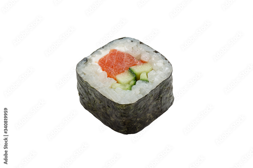 Rolls with smoked salmon, cheese and cucumber. Asian food. Copy space, studio shot, isolated. Rolls with smoked salmon, cheese and cucumber. Asian food. Copy space, studio shot, isolated.