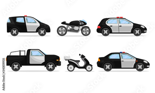 Police Vehicles with Patrol Car and Motorcycle Vector Set