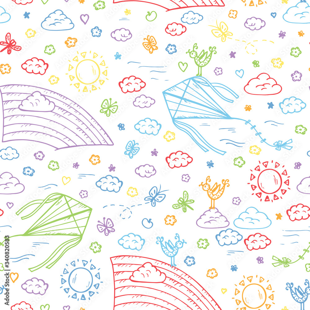 Summer background. Sky Seamless pattern. Hand drawn doodle Rainbow, kite flying, sun, clouds. Background for kids. Children's wallpaper
