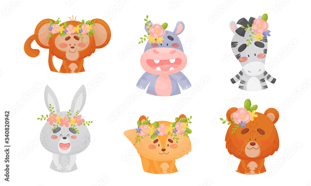 Obraz Kreskówka zwierzęta z kwiatami na głowach wektor zestaw
