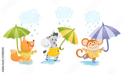 Smiley Animals Wearing Coat Walking in Rainy Day with Umbrella Vector Set