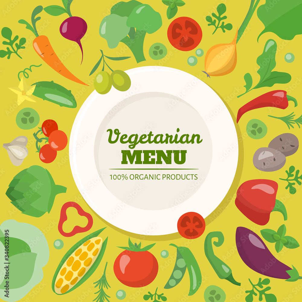 Vegetarian menu cover design with different vegetables and text