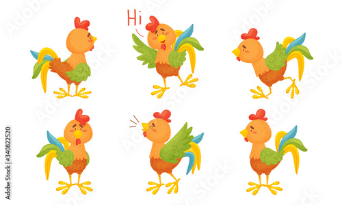 Rooster Funny Character with Bright Feathers Singing and Greeting Vector Set