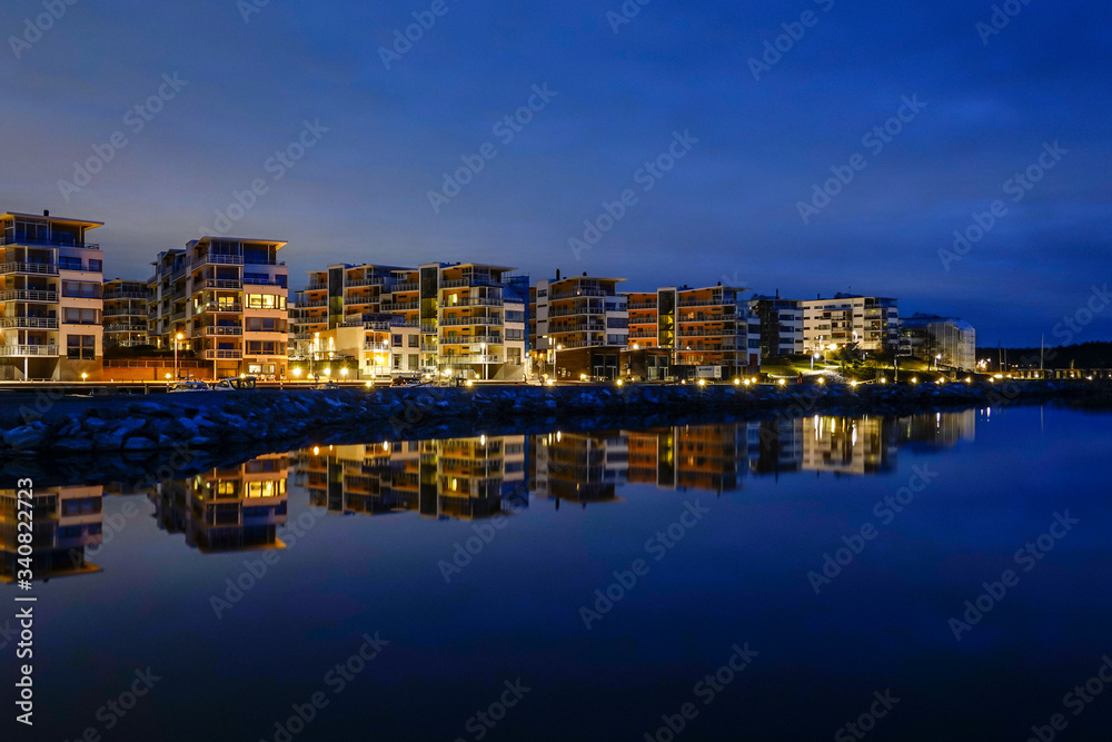 Stockholm, Sweden The harbour of Gashaga at night on the island suburb of Lidingo