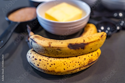 Fresh ingredients for a banana bread recipe