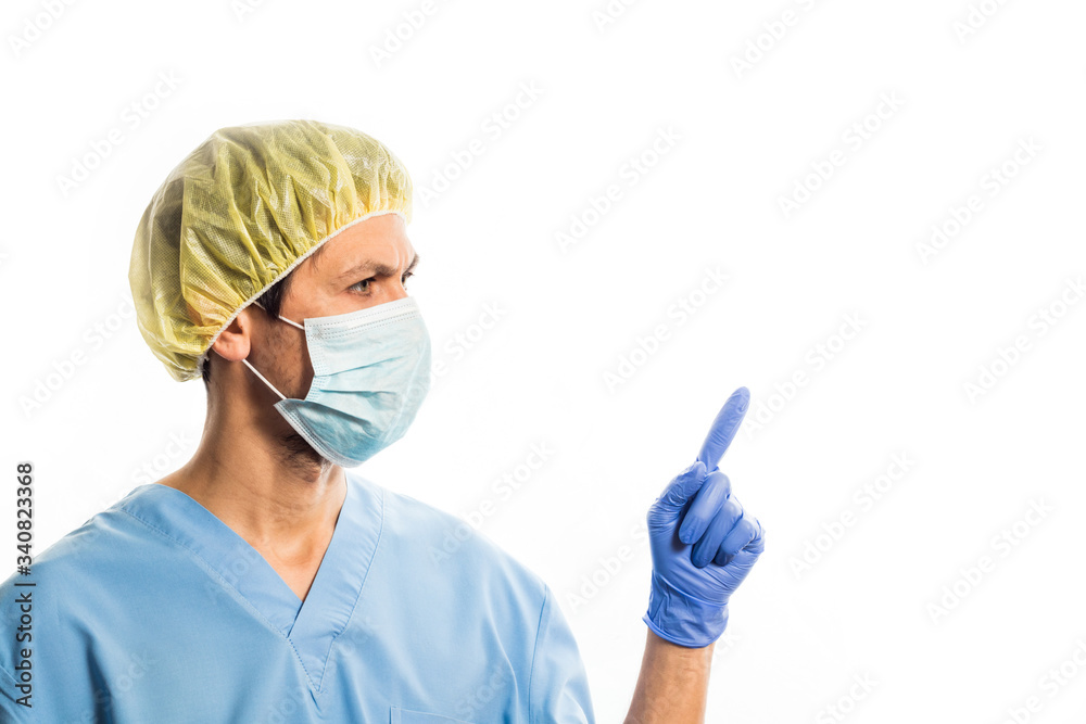 doctor in medical clothes with rubber gloves and a mask, portrait on a white background doctor in medical clothes with rubber gloves and a mask, portrait on a white background