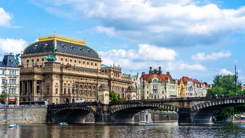 View of the magnificent National Theater and part of the Legion's Bridge in Prague, Czech Republic, Europe