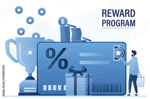 Reward program banner template. Handsome man consumer with shopping bags and bonus coin. Earn Point concept.