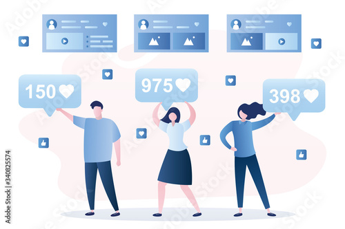 Social media users receive like and hearts. Social network profiles and humans holds speech bubbles