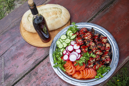 Pork skewers, matnakash bread, food photo