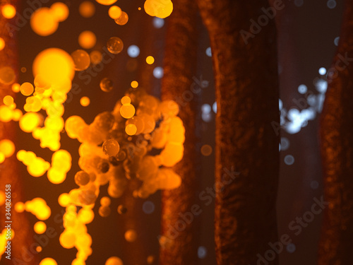Yellow glowing particles, bacteria, viruses in a dark red foggy room. 3D Illustration.