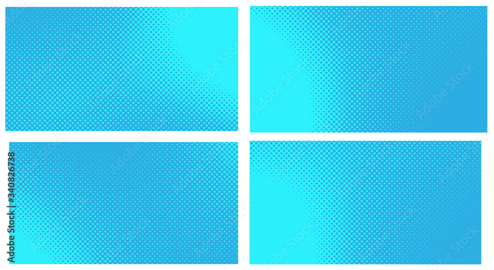 Blue pop art background. Abstract creative vector comics style blank layout template with clouds beams and isolated dots pattern. Set for sale banner, empty polka dots bubble