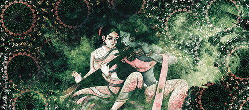 Konstfotografi mandala colorful vintage artBeautiful Radha Krishna Matt Textured Art, ancient I