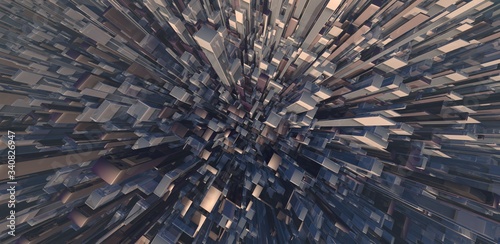 Abstract wide angle cityscape. Stock Market Crash. Science fiction megacity. Free fall from a skyscraper. 3D rendering