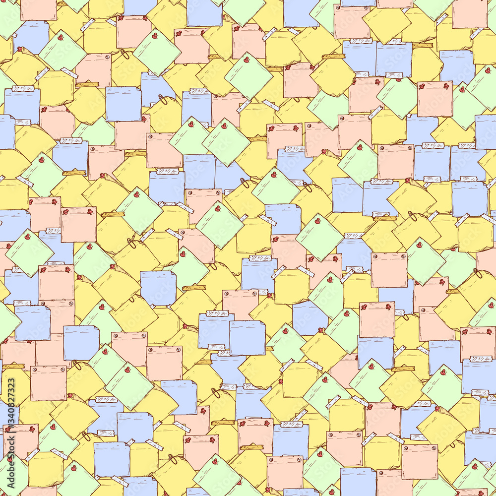 Sticky notes Vector Seamless pattern. Hand drawn doodle paper sheets for messages. Memos blank. Colored stickers.
Sticky notes Vector Seamless pattern. Hand drawn doodle paper sheets for messages. Memos blank. Colored stickers.