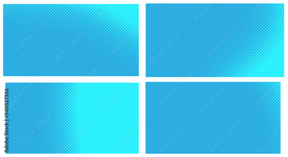 Blue pop art background. Abstract creative vector comics style blank layout template with clouds beams and isolated dots pattern. Set for sale banner, empty polka dots bubble