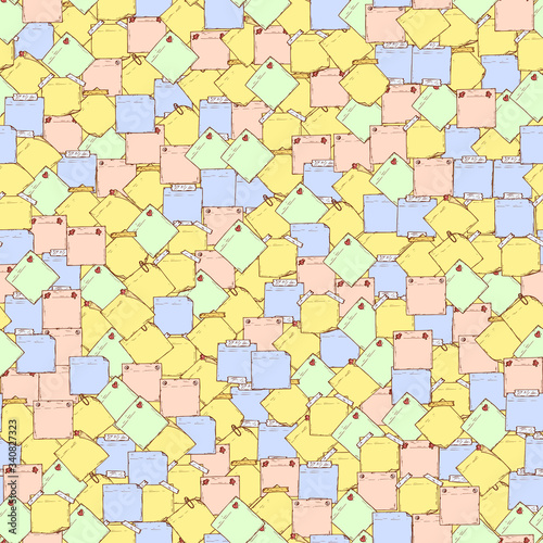 Sticky notes Vector Seamless pattern. Hand drawn doodle paper sheets for messages. Memos blank. Colored stickers. 