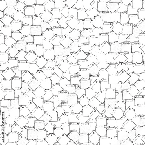Sticky notes Vector Seamless pattern. Hand drawn doodle paper sheets for messages. Memos blank. Stickers. Black and white background. 