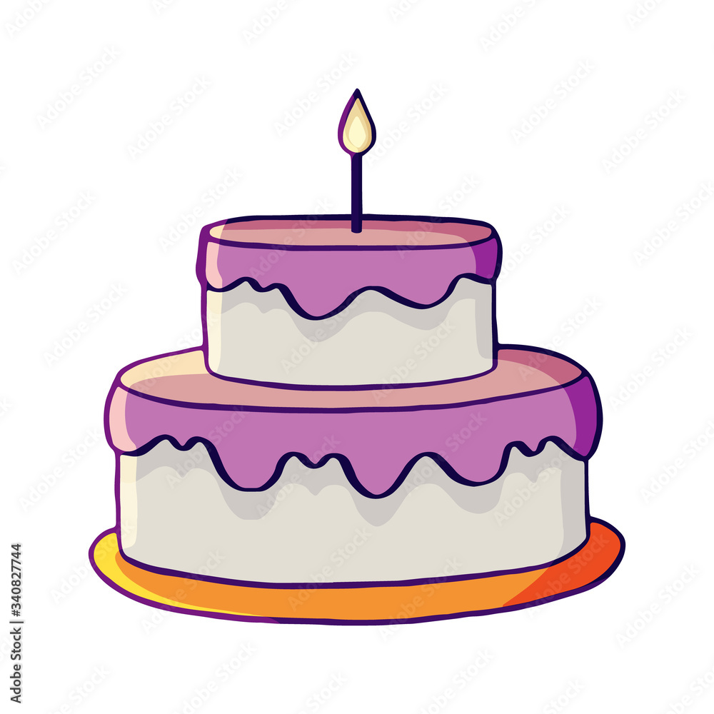 Vector birthday two-tier cake with a candle. Two-story cake icon or logotype for cake shop, bakery, pastry shop, confectionery, birthday card. Stock illustration isolated on a white background. Vector birthday two-tier cake with a candle. Two-story cake icon or logotype for cake shop, bakery, pastry shop, confectionery, birthday card. Stock illustration isolated on a white background.
