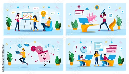 Ideas Brainstorming, Malware Software, Project Time Management Trendy Flat Vector Concepts Set. Employees Planning Project, User Fighting with Virus or Bug, Web Developers Fails Deadline Illustration
