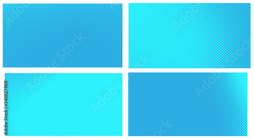 Fototapeta Naklejka Na Ścianę i Meble -  Blue pop art background. Abstract creative vector comics style blank layout template with clouds beams and isolated dots pattern. Set for sale banner, empty polka dots bubble