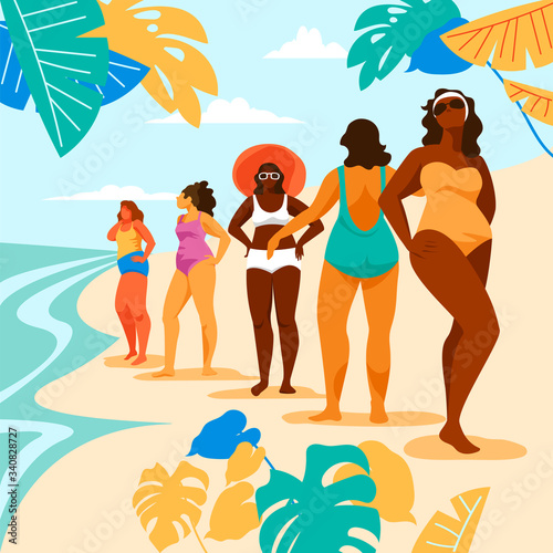women on the beach. vector illustration of people on vacation at the sea. woman sunbathing