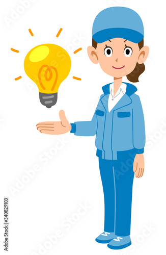 アイデアを紹介する青い作業服を着た女性
