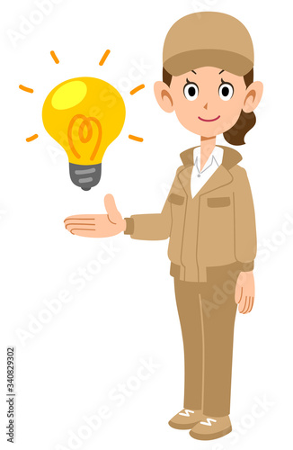 アイデアを紹介するベージュ色の作業服を着た女性
