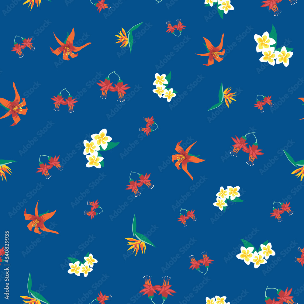 Tropical florals on blue seamless vector pattern. Repeating exotic flowers background.