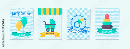 Set of vertical baby shower cards with cute baby carriage, nipple, toy pyramid, balloons. It’s a boy.