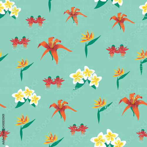 Seamless pattern with tropical summer flowers on teal. Exotic vintage flower vector background. Illustration of tropical Bird of paradise, Frangipani, Plumeria, Lily, Fuchsia