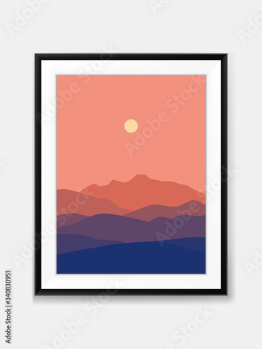 Vector Sunset Mountain View Landscape Minimal Painting on Wall with Black Frame