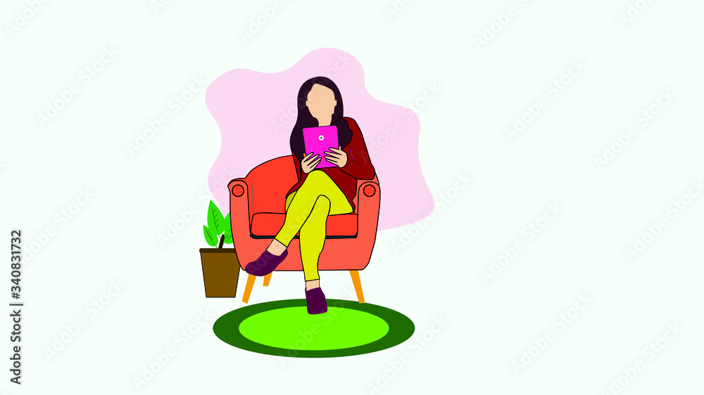 A girl sitting on a relax chair and UsingTablet. A young girl working from home vector illustration.