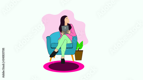 A girl sitting on a relax chair and working on a Tablet. A young girl working from home vector illustration.