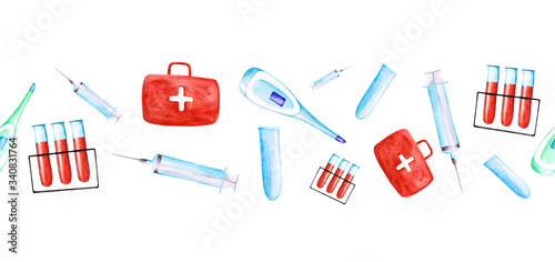 Watercolor medical elements seamless border on white background. Colorful hand-drawn clinic icons (test tube, thermometer, medical bag, syringe) endless print. Wallpaper.