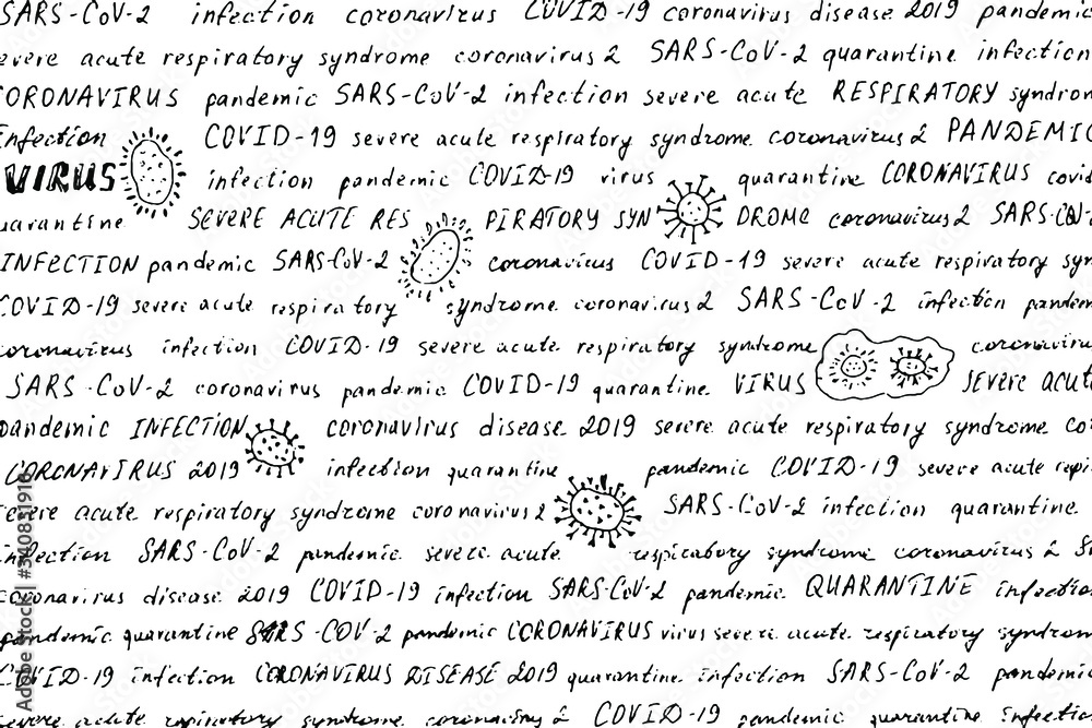 Hand-written words and hand-drawn doodles on the topic of coronavirus. Black and white vintage text with small drawings about SARS-CoV-2 virus. Overlay template. Vector illustration
