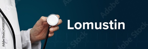 Lomustin. Arzt im Kittel hält Stethoskop. Das Wort Lomustin steht daneben. Symbol für Medizin, Krankheit, Gesundheit photo
