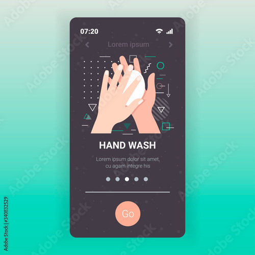 hands using soap bar coronavirus protection concept wash your hands often protect yourself prevent covid-19 smartphone screen mobile app copy space vector illustration