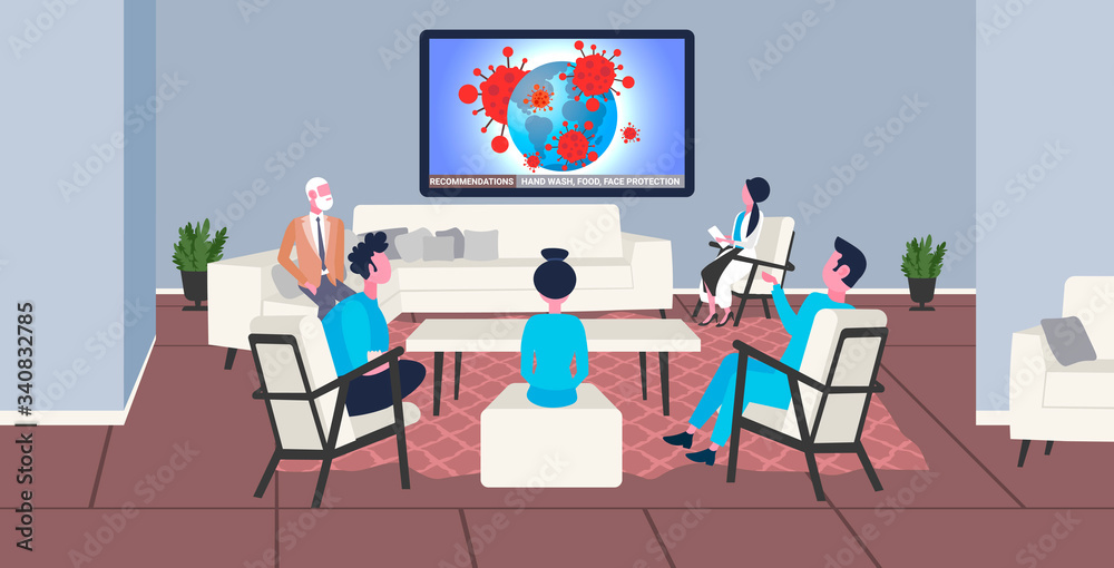Fototapeta premium doctors team in masks watching breaking news 2019-nCoV flu spreading of world floating influenza virus coronavirus pandemic concept horizontal full length vector illustration