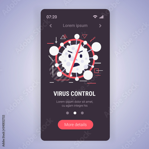 stop coronavirus concept noel 2019-nCoV virus cell with prohibit sign covid-19 prevention poster smartphone screen mobile app copy space vector illustration