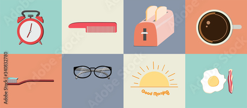 Flat 2D Vector, abstract morning icon background, creative illustration is breakfast symbol decoration graphic design and artwork, wake up conceptual.