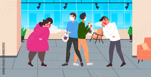 people using antibacterial spray to prevent spread of coronavirus covid-19 virus cells disinfection concept man woman having cough office interior horizontal full length vector illustration