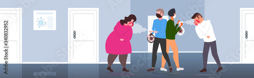 people using antibacterial spray to prevent spread of coronavirus covid-19 virus cells disinfection concept man woman having cough office interior horizontal full length vector illustration