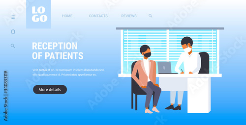 doctor consulting patient in mask coronavirus 2019-nCoV protection reception of patients medical consultation concept copy space full length horizontal vector illustration