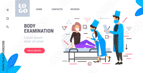 doctors in masks examining female patient with coronavirus symptoms covid-19 pandemic body examination medicine healthcare concept horizontal full length copy space vector illustration