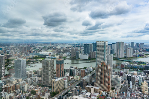 Tokyo business district cityscape with commercial and residential skyscrapers