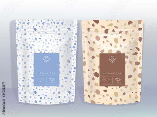 Vector White & Brown Kraft Paper Resealable Sachet or Pouch with Marble Stone Themed Design