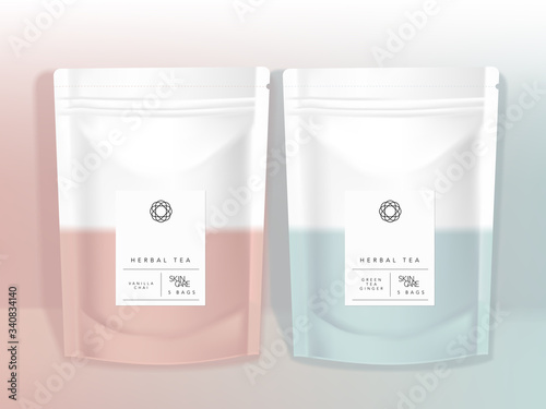 Vector Pastel Resealable Product Sachet Pouch in Pastel Pink & Blue Color minimal design mockup for Snack Cosmetics Healthcare Bath Salts Gift Food Accessory