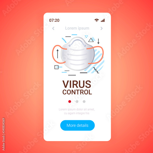 antiviral medical respiratory face mask protection against coronavirus prevention of virus spreading pandemic covid-19 health care concept copy space smartphone screen mobile app vector illustration