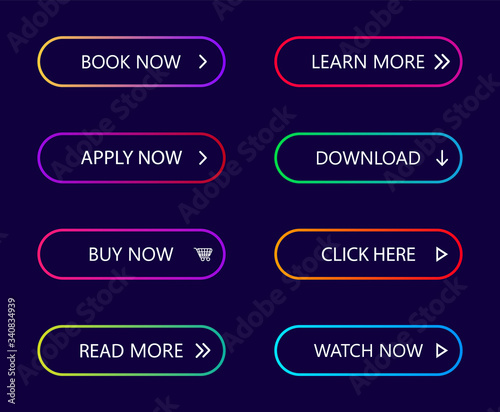 Gradient neon buttons. Button with arrow for call action, web buy, more, next, learn, download. Modern menu collection for navigation in app, site page, interface. Color 3d rounded banner. Vector